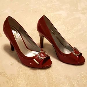 GUESS Peep Toe, Red Faux Leather, 3.5" heels